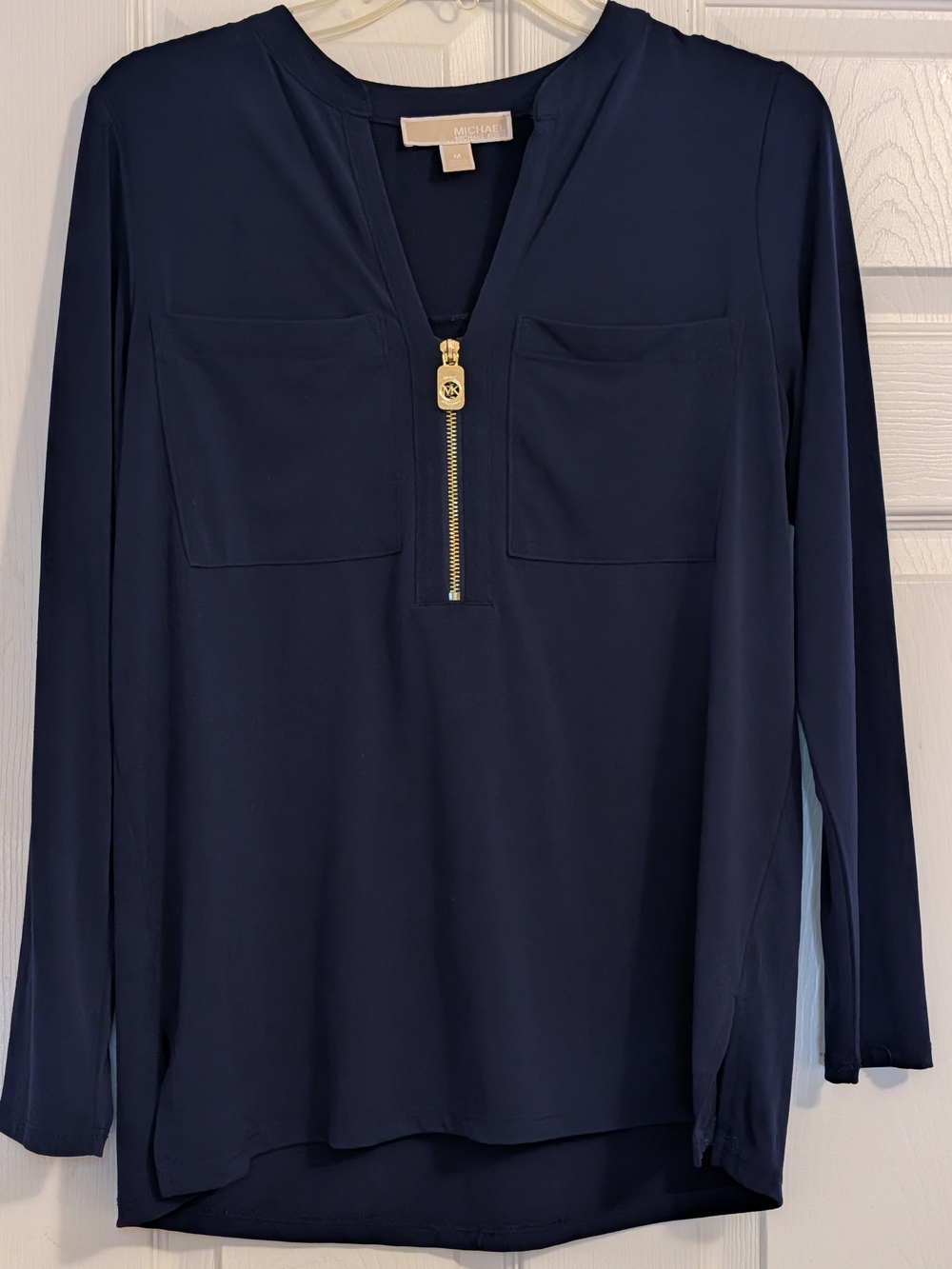 MICHAEL Michael Kors Navy Long Sleeve Top with Gold Zip